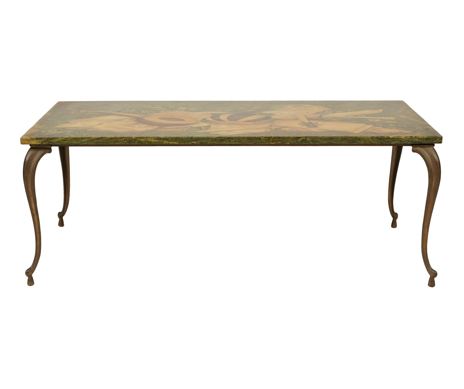 A Florentine Scagliola Coffee Table: Emilio Martelli, Florence, mid 20th century; the rectangular top depicting musical instruments, sheet music, and foliage on a green ground, on four brass legs; with printed paper label to underside "S