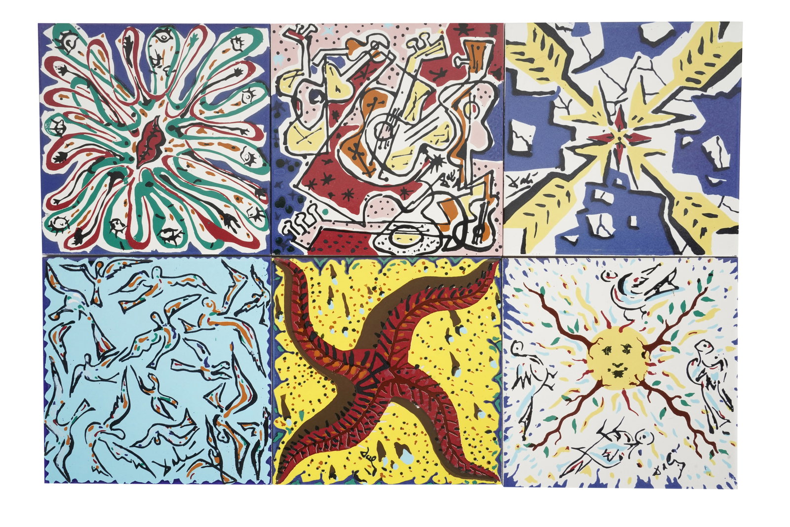 After Salvador Dali: Six Ceramic Tiles from La Suite Catalane: later reproductions of the originals designed in 1954; comprising ?El beso fuego?, ?Las guitarras?, ?El sol vegetal?, ?La estrella de mar?, ?Palomas? und ?Flechas?; each marked "Made in U.S.A." Each: