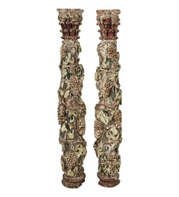 A Pair of Antique Carved Polychrome Columns