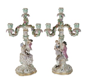 A Pair of Meissen Porcelain Three-Light Candelabra