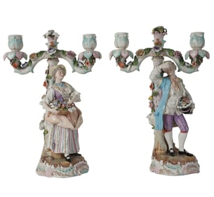 A Pair of Meissen Porcelain Twin-Light Candelabra