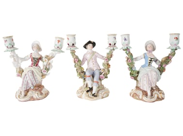 Three Meissen Porcelain Figural Twin-Light  Candelabra