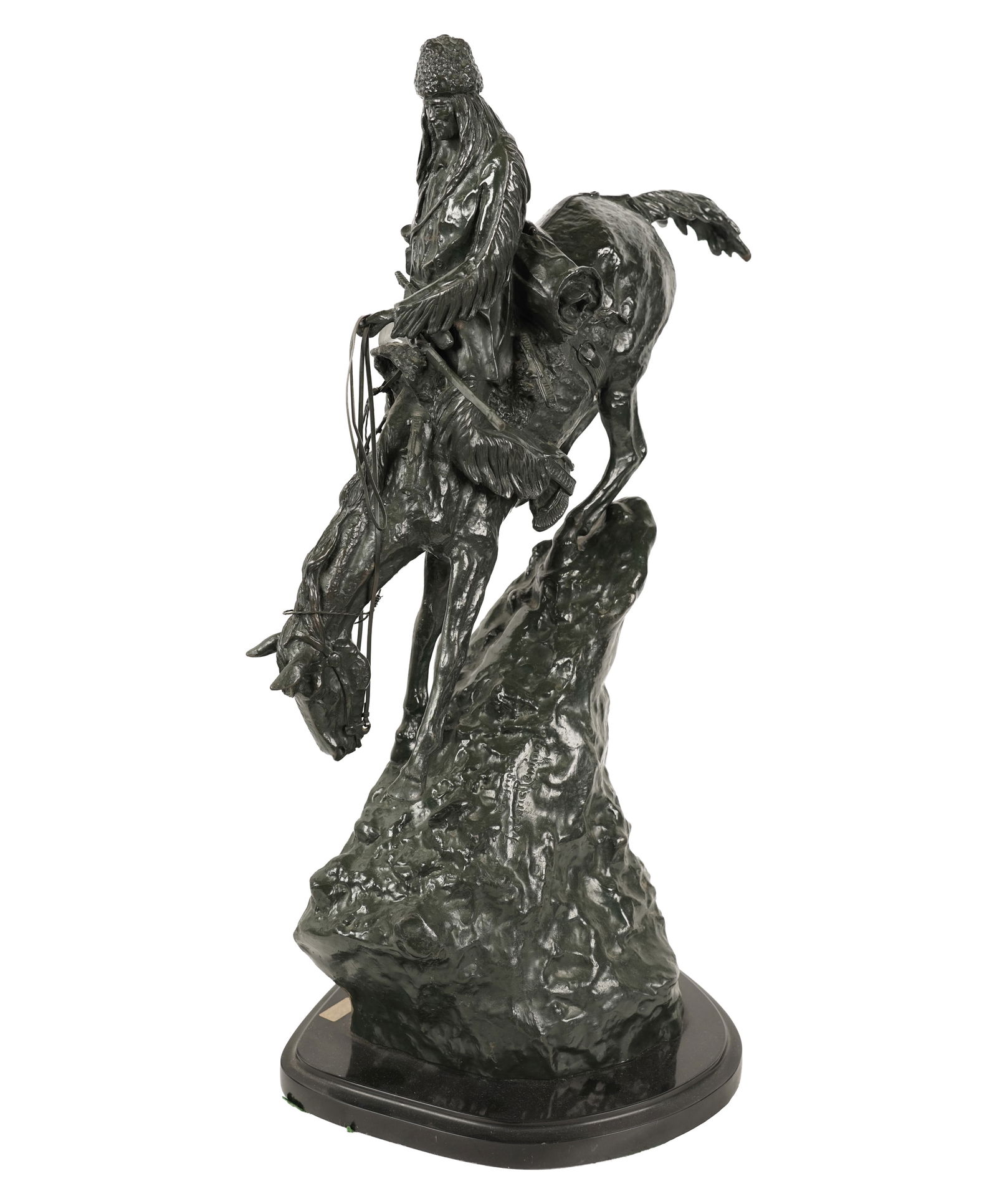 After Frederic Remington: Mountain Man: bronze on marble base, signed in casting Overall: 29 x 18 x 12 1/2 in. (73.7 x 45.7 x 31.8 cm.)