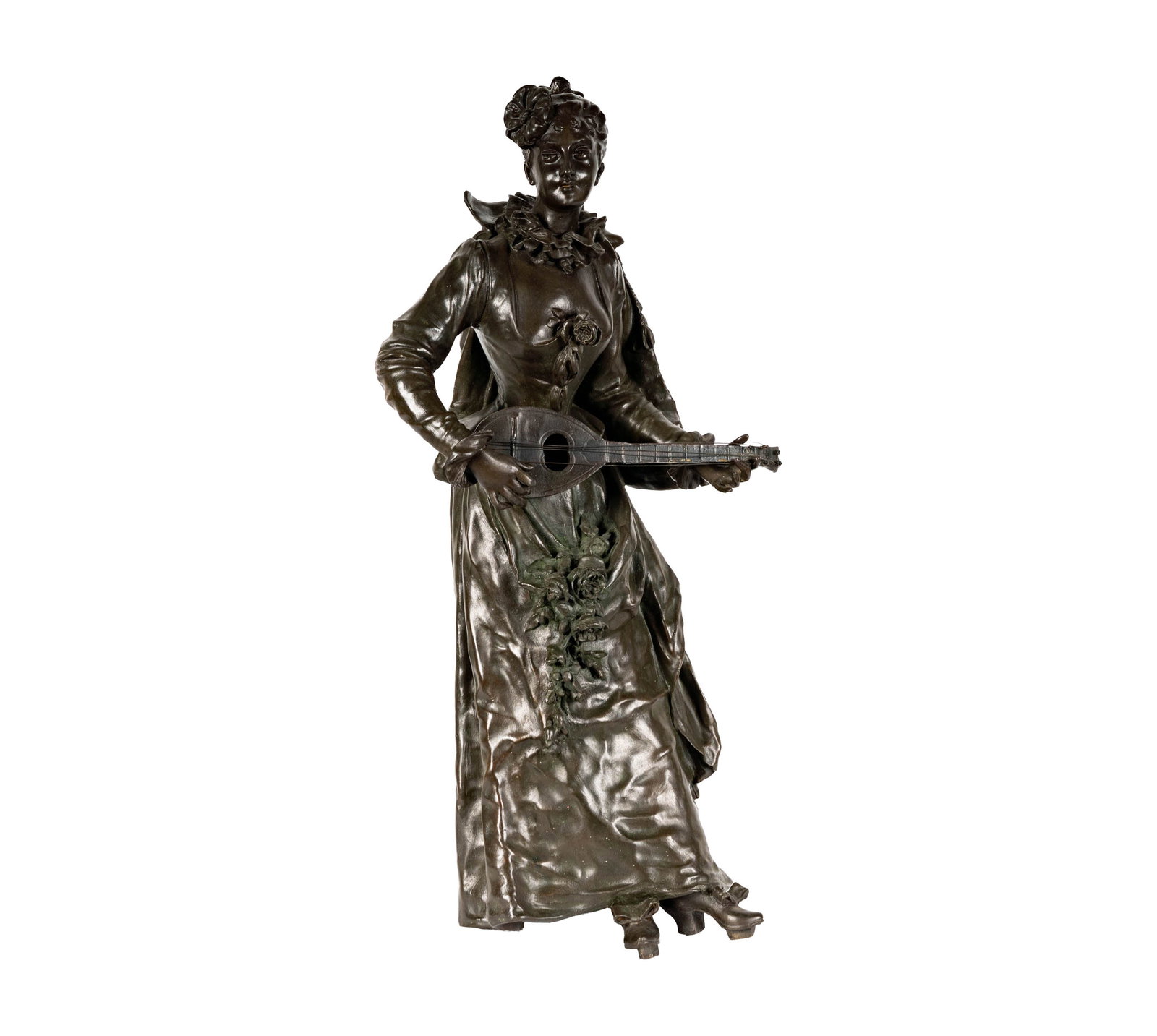 Bronze Woman with Mandolin: 22 1/2 x 11 1/2 x 9 in. (57.2 x 29.2 x 22.9 cm.)