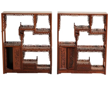 A Pair of Chinese Hardwood Snuff Bottle Cabinets