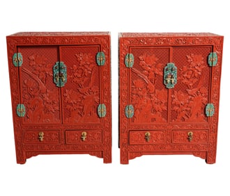 Pair of Chinese Red Lacquer and Cloisonne Cabinets