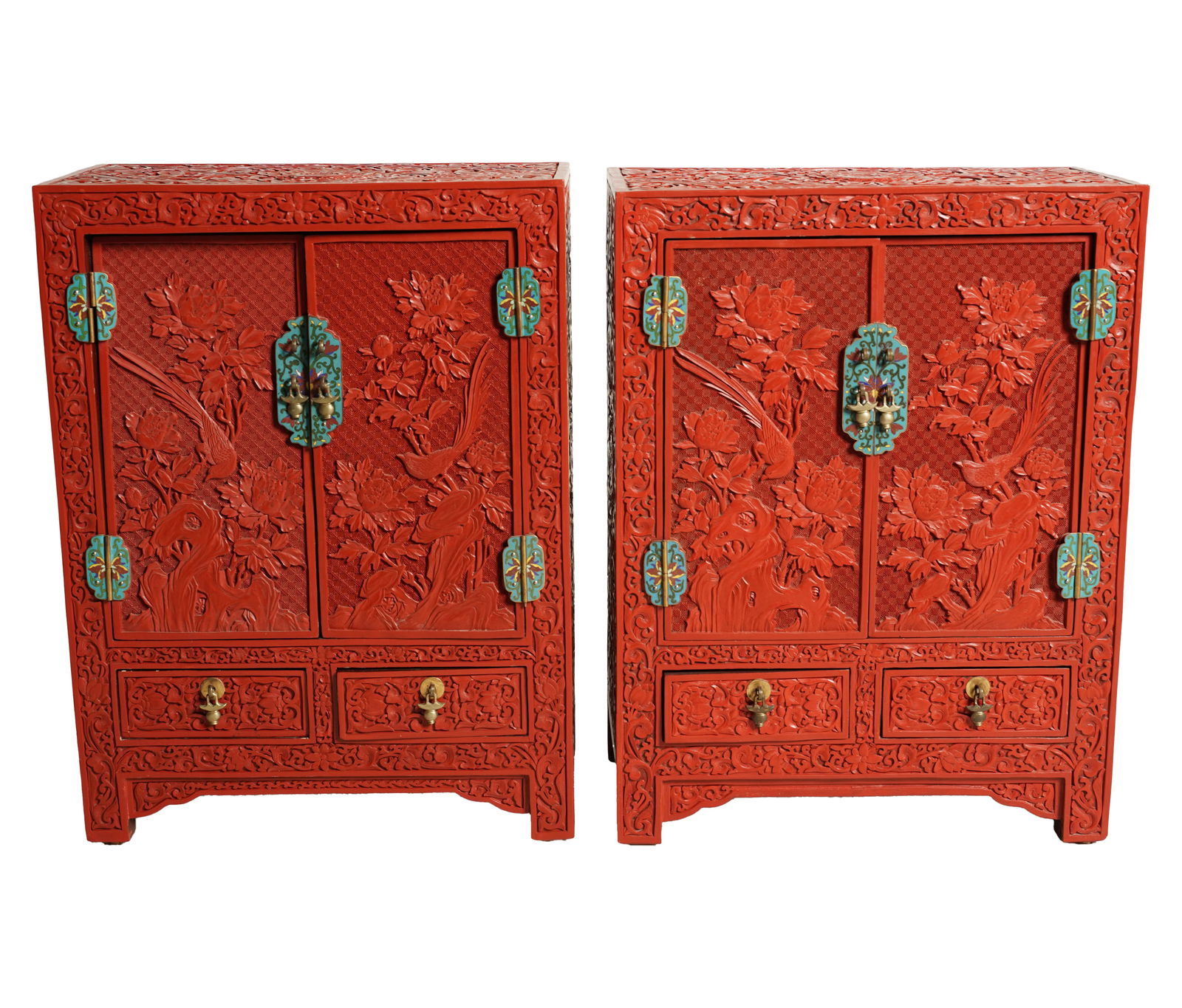 Pair of Chinese Red Lacquer and Cloisonne Cabinets (1 of 9)