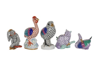 Five Herend Fishnet Porcelain Animal Figurines
