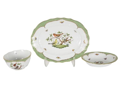 Three Herend Rothschild Bird Green Border Servingware
