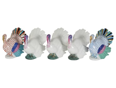 Five Herend Fishnet Porcelain Turkey Figurines
