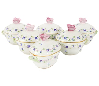 Six Herend Porcelain Mini Tureens with Butterfly Finials
