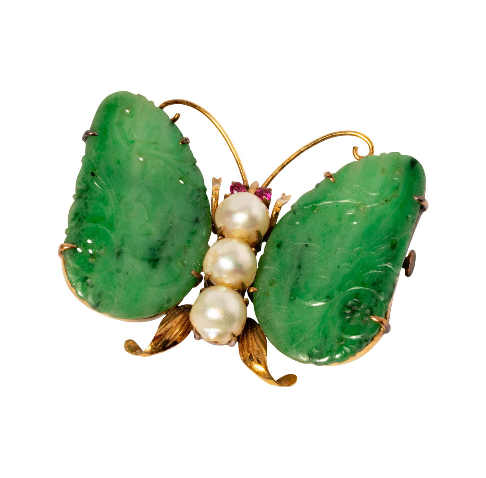 14 Karat Yellow Gold, Jade, Pearl, and Ruby Butterfly Brooch: Including one gem-set brooch, set with two small rubies weighing approximately 0.03 carats total, two carved and pierced jade panels, and three baroque pearls; measuring 1-1/2 inches by 1-1/4 inches,