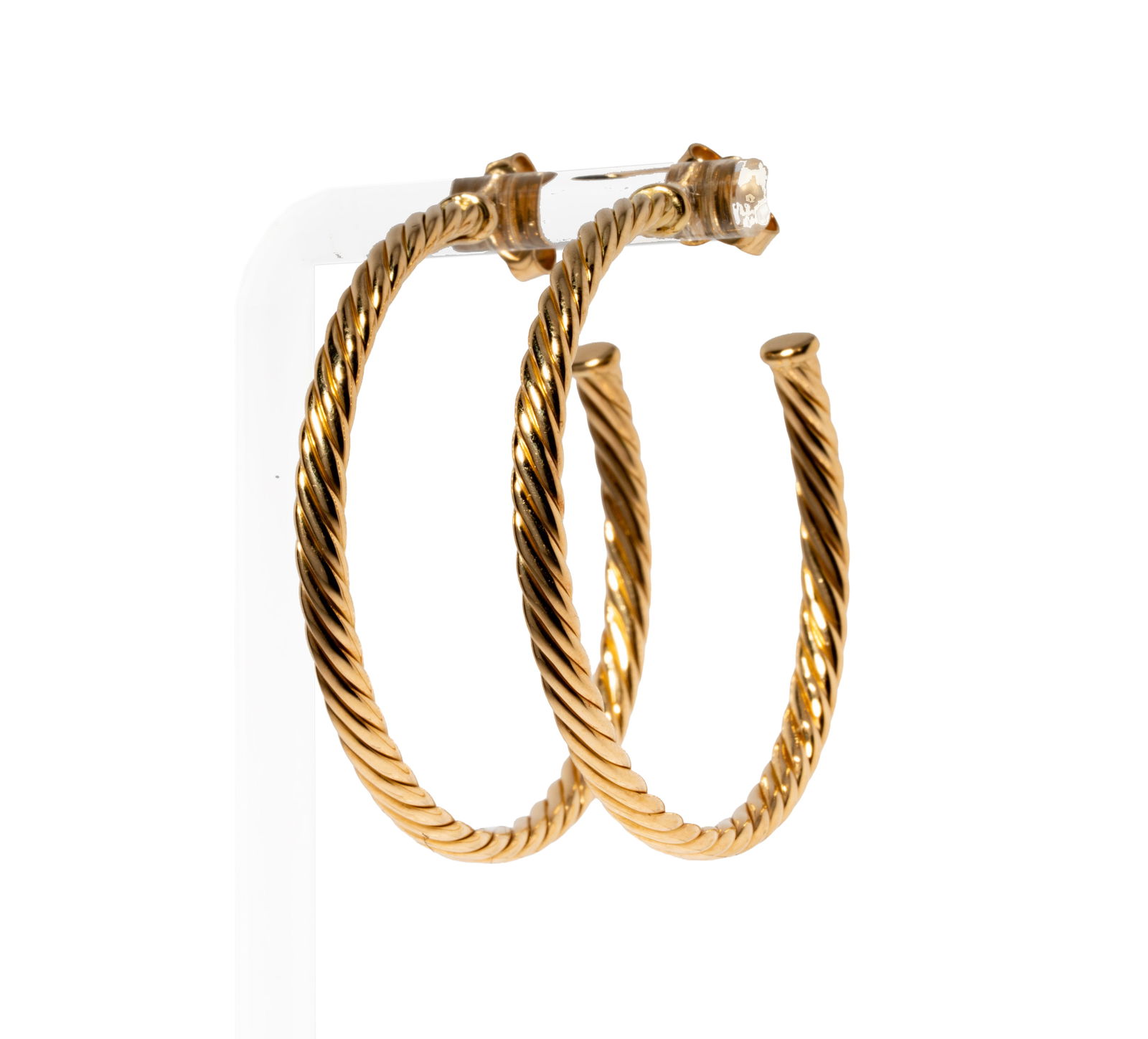 David Yurman 18 Karat Yellow Gold Hoops: Including one pair of 18 karat gold cable hoop earrings; measuring 1-1/2 inches inside diameter, weighing 9.1 grams;