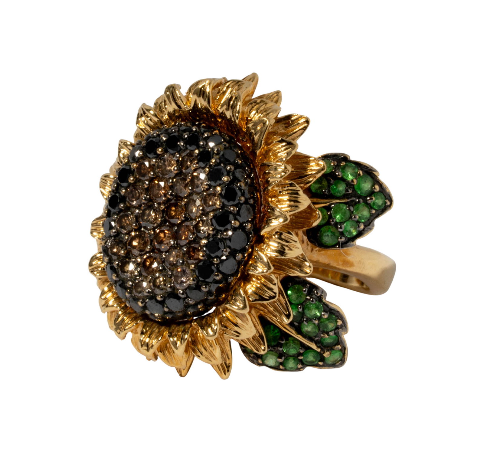 18 Karat Yellow Gold, Diamond and Tsavorite 'Sunflower' Ring: Ring center pave' set in oxidized gold with 24 full cut round Diamonds [Fancy Brown/VS], approximate total weight 0.83 ct, accented with 54 full cut round Fancy Black Diamonds, approximate total weigh