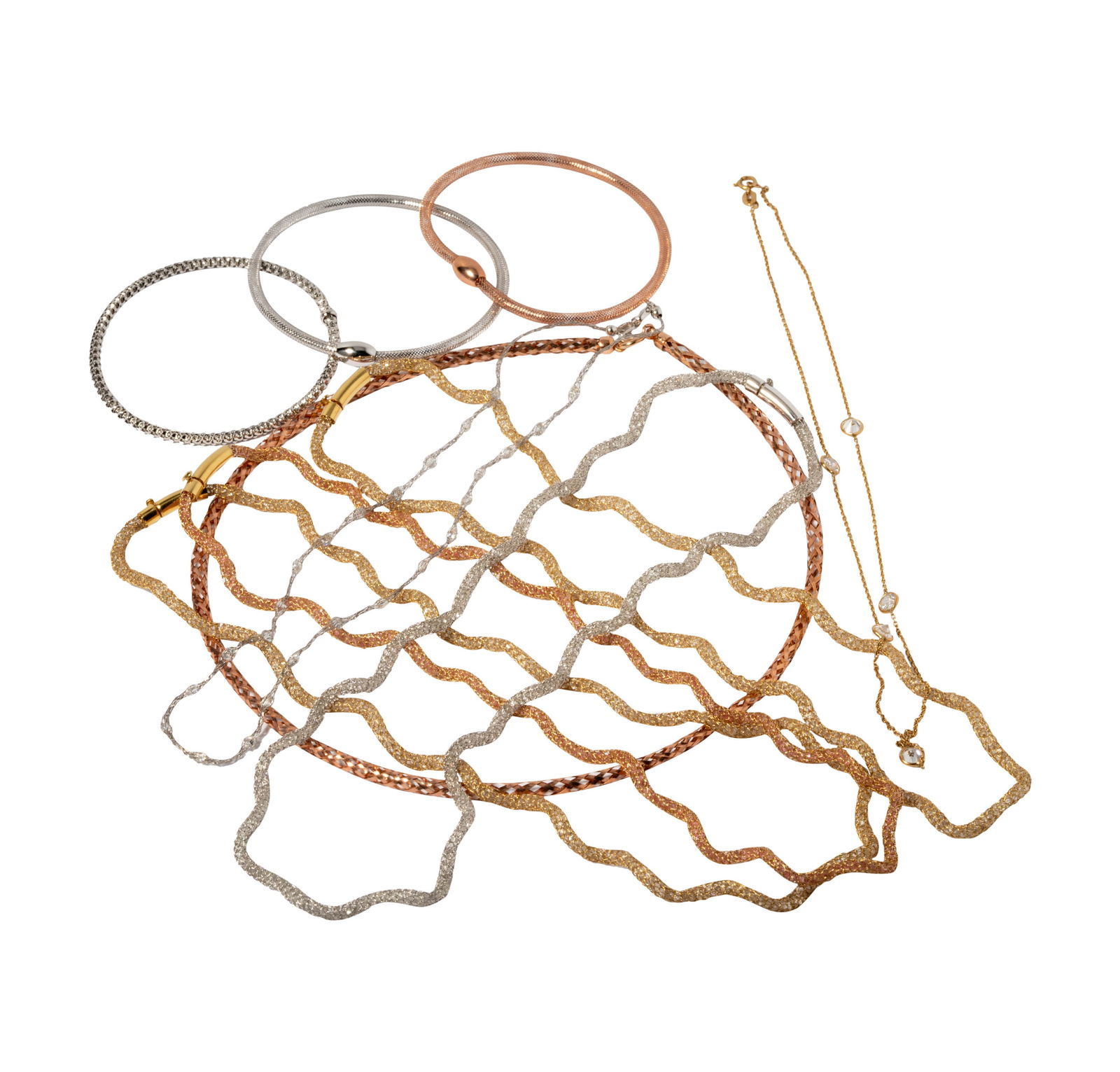 Group of 14 Karat Gold Mesh Necklaces and Bracelets: Including three woven bracelets, each measuring 7 inches inside circumference, with seven assorted 14 karat multi-colored gold necklaces, set with imitation stone; shortest measuring 16 inches long an
