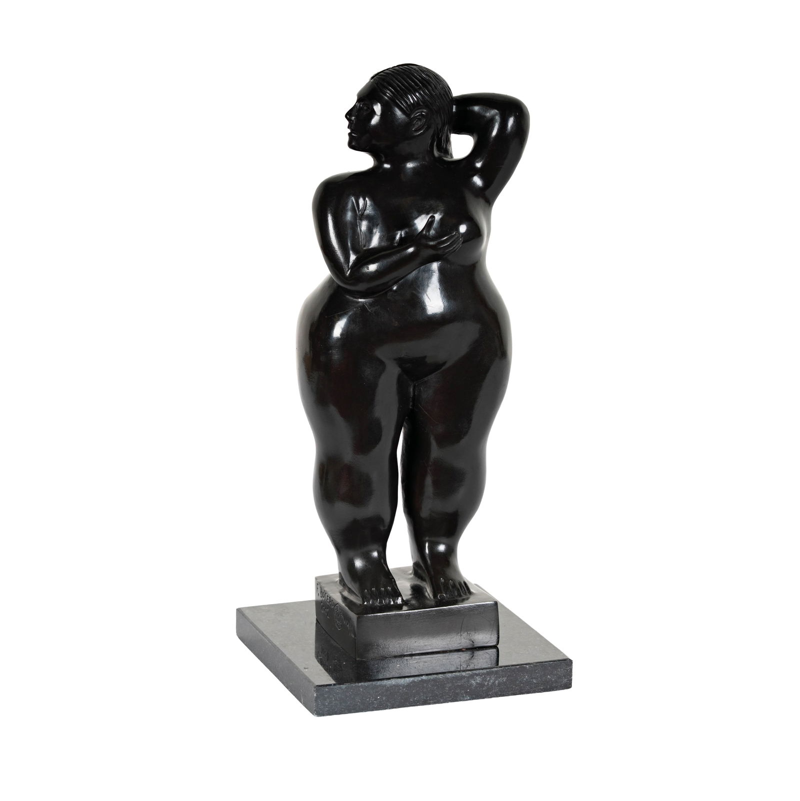 After Fernando Botero, 1932-2023, Nude Woman: patinated bronze, mounted to stone plinth inscribed in casting "F. Botero / 2002 / VIX/L" and with seal "Fonderia / M / Italy" 13 1/2 in. (34.3 cm.) high Overall: 14 1/2 in. (36.8 cm.) high