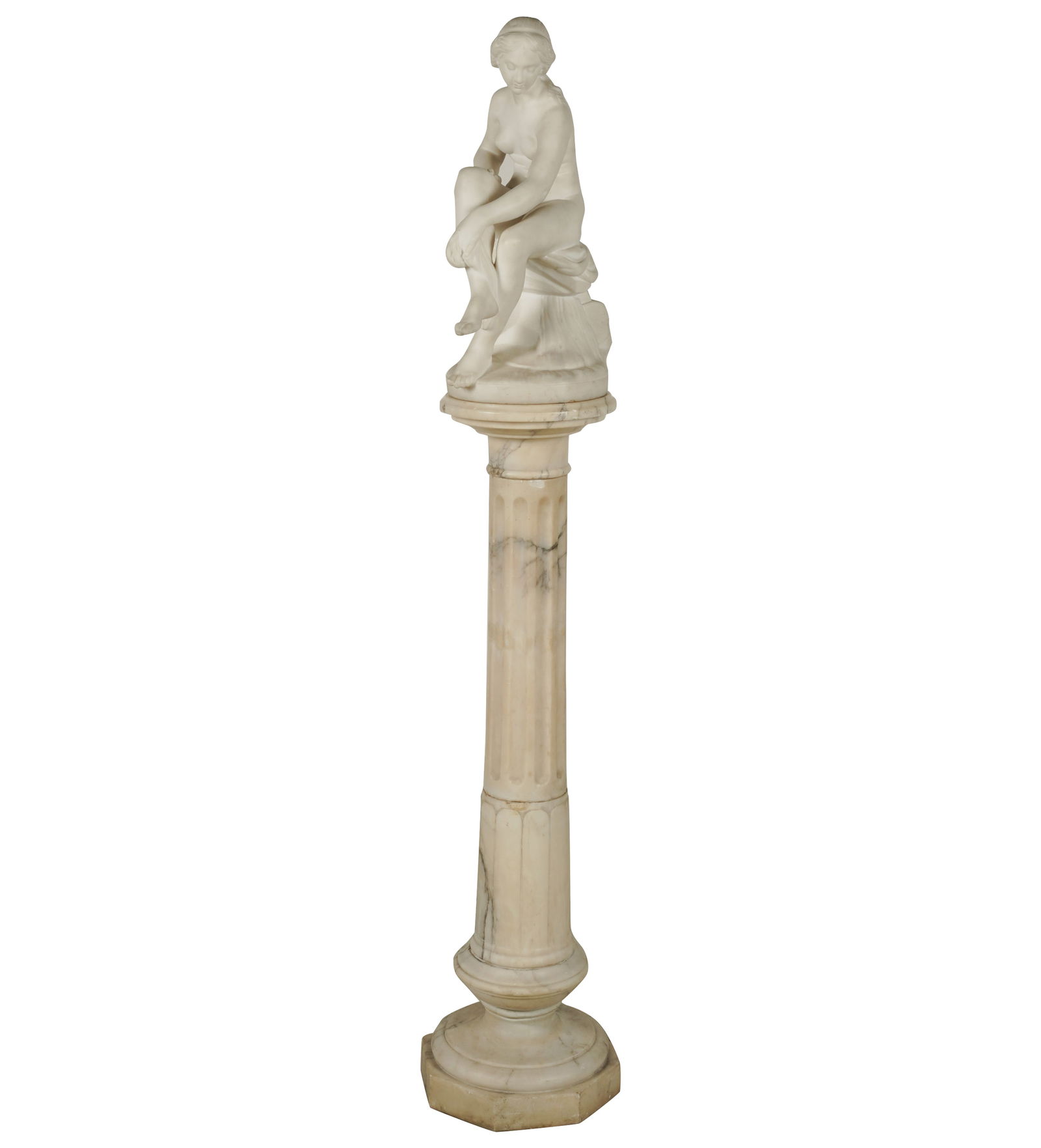 Ferdinand Barbedienne, 1810-1892, Bather: inscribed "F. Barbedienne Editeur" to lower edge 20 1/2 x 8 x 12 in. (52.1 x 20.3 x 30.5 cm.), together with a marble pedestal: 42 in. (106.7 cm.)