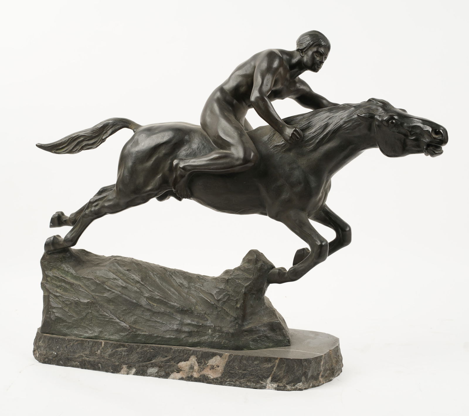 Heinrich Splieth, 1877-1929, Mist Rider: bronze, moiunted on marble plinth signed in casting Overall: 19 x 23 x 7 in. (48.3 x 58.4 x 17.8 cm.)