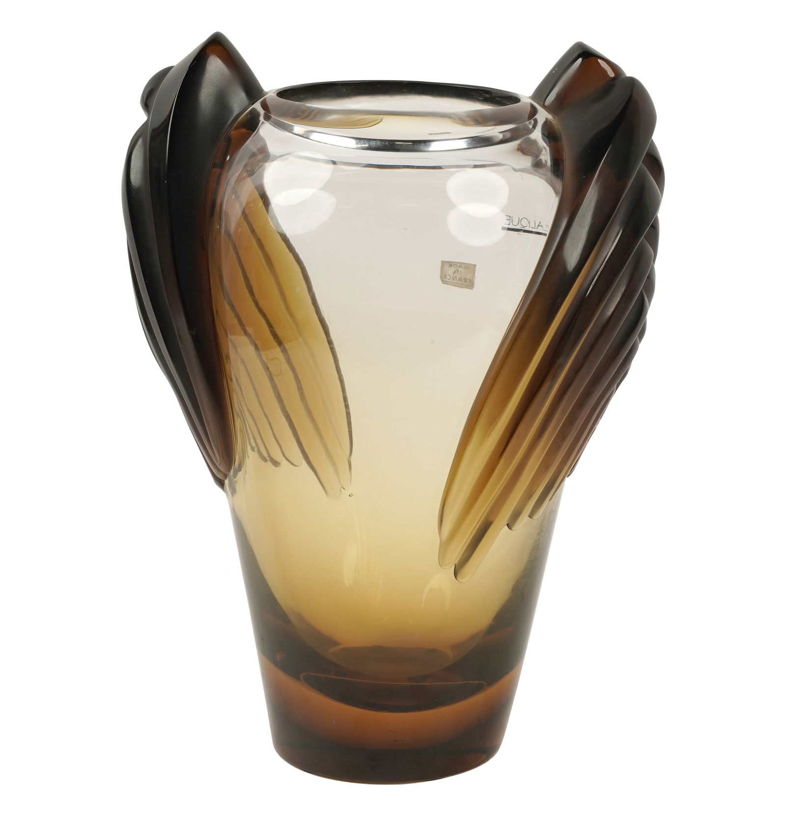 A Lalique Amber and Clear Glass Marrakesh Vase: signed "Lalique France" and with adhesive labels "Lalique" and "Made in France" 12 1/4 x 8 1/2 x 6 1/2 in. (31.1 x 21.6 x 16.5 cm.)