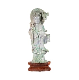 A Chinese Carved Jade Figure of Guan Yin with Phoenix