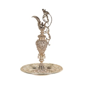 A Silvered Bronze Ewer and Underplate