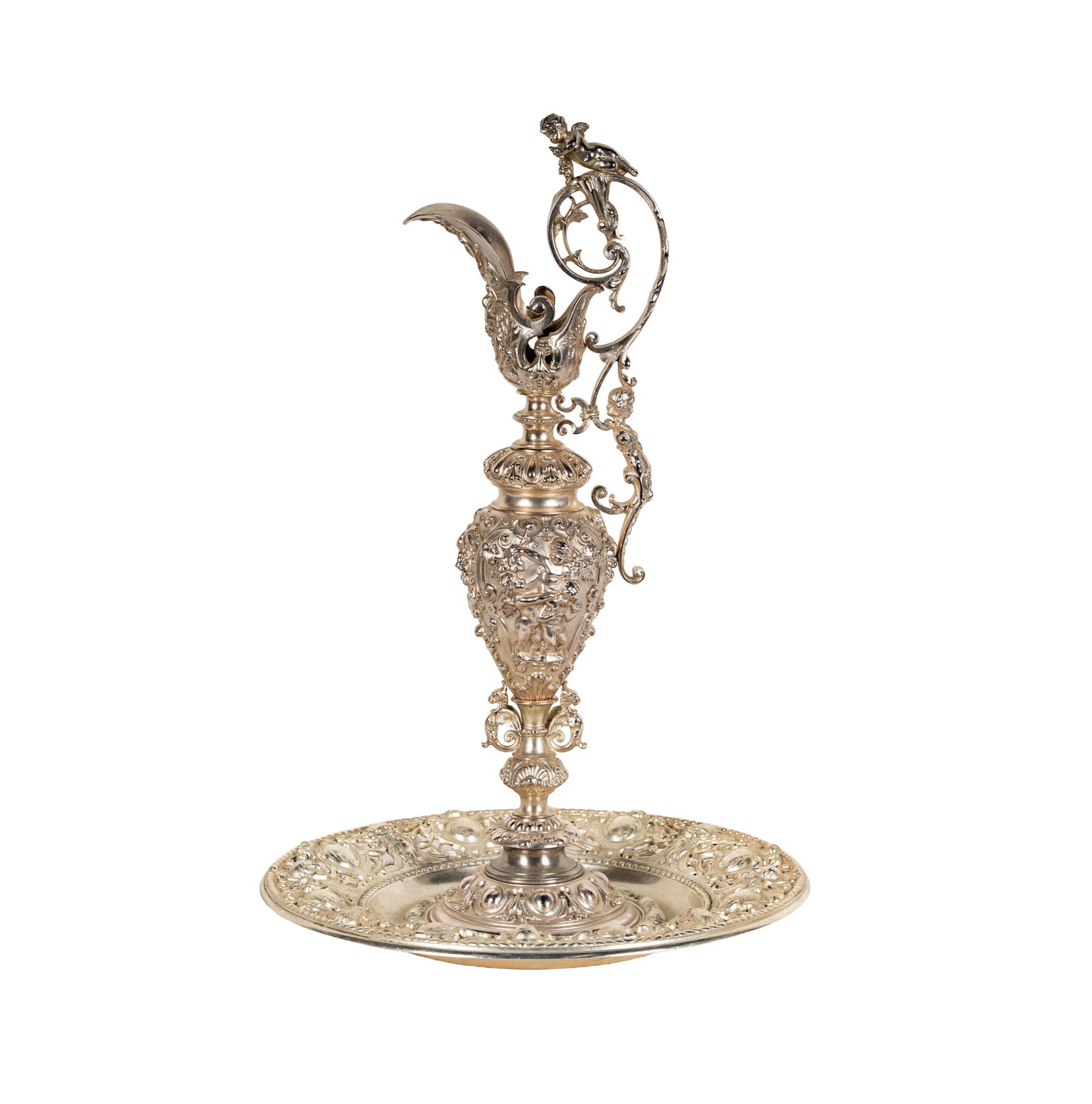 A Silvered Bronze Ewer and Underplate: unmarked Overall: 22 x 14 1/2 in. (55.9 x 36.8 cm.)