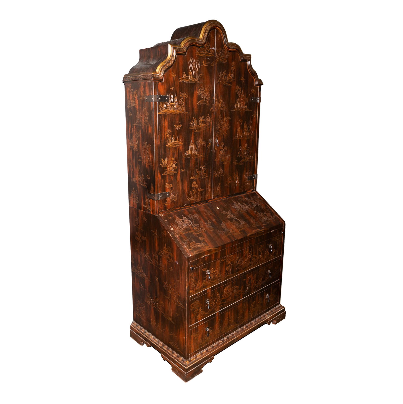 A Baker Chinoiserie Secretary: in two parts; with manufacturer's metal label Overall: 86 x 42 x 24 in. (218.4 x 106.7 x 61 cm.)