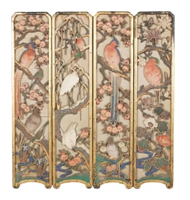 An Asian Bird-Motif Four-Panel Screen