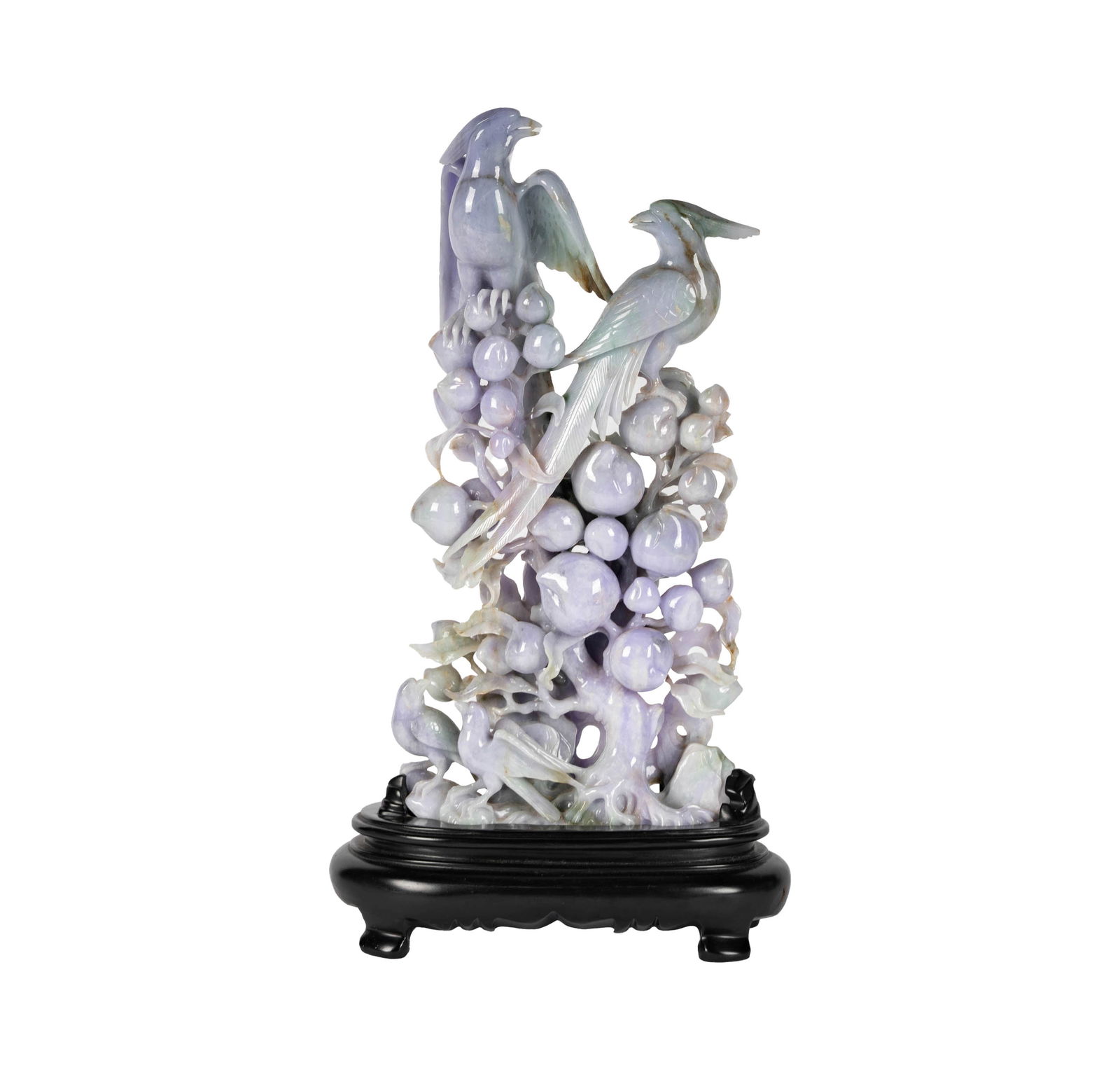 A Chinese Jade Carving of Birds: carved from a single block of lavender and mottled green jad 16 3/4 x 9 in. (42.5 x 22.9 cm.)