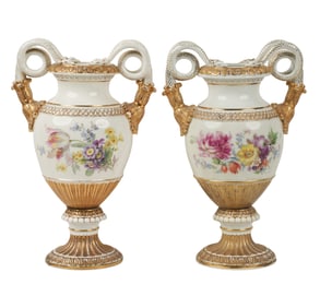 A Pair of Meissen Porcelain Snake-Handle Urns