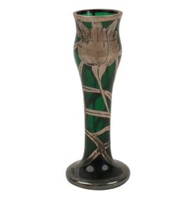A Silver Overlay Green Glass Bud Vase