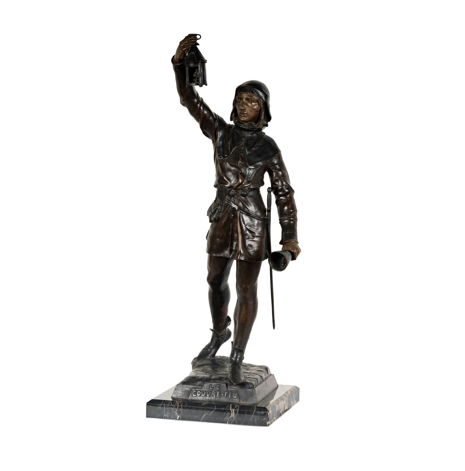 Eugene Marioton, 1857-1933, Le Couvre-Feu (The Curfew): patinated bronze, on marble plinth signed to lower edge of the integral base "Eug. Marioton" 31 in. high Overall: 32 1/2 x 11 1/2 x 11 in. (82.6 x 29.2 x 27.9 cm.)