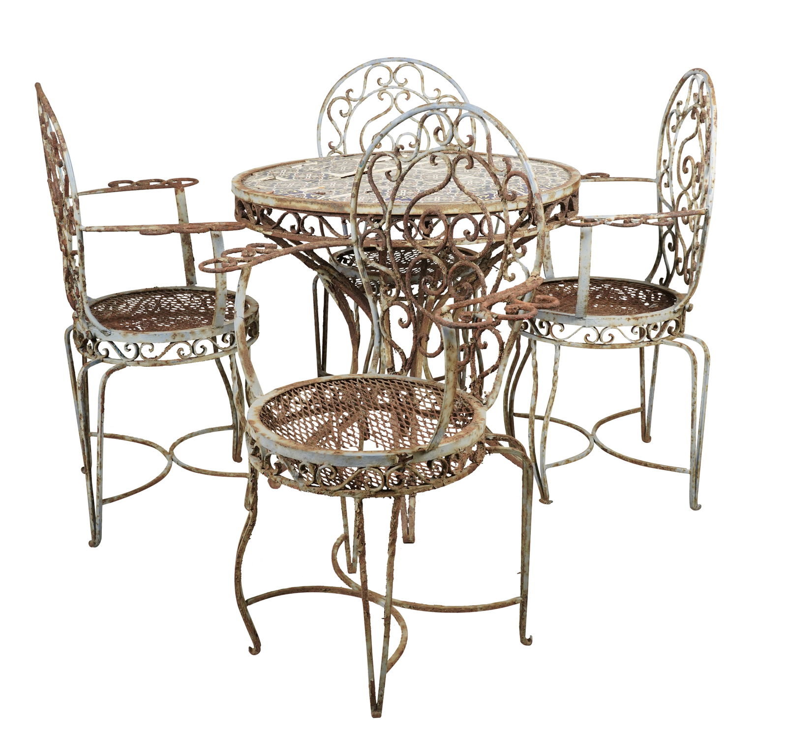 An Iron Tile-Top Patio Table with Four Chairs: after 1950; the tiles marked "Orion /Monterey Mexico" Table: 30 1/2 x 31 1/2 in. (77.5 x 80 cm.) Chairs: 39 1/2 x 27 1/2 x 16 1/2 in. (100.3 x 69.9 x 41.9 cm.)
