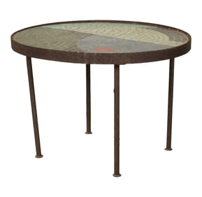 An Iron and Mosaic Tile Top Side Table