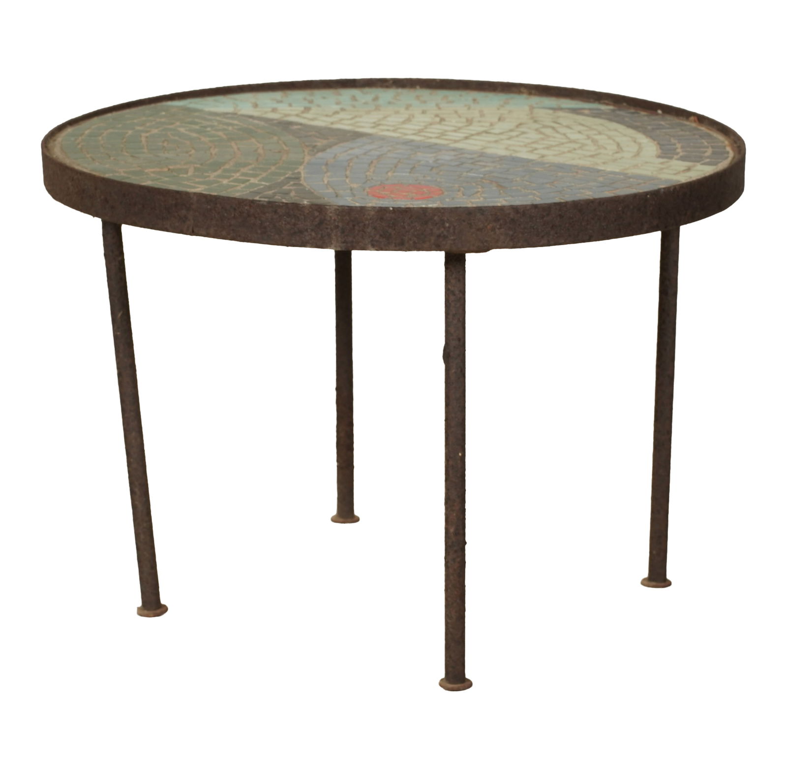 An Iron and Mosaic Tile Top Side Table: unsigned 14 1/2 x 21 1/2 in. (36.8 x 54.6 cm.)
