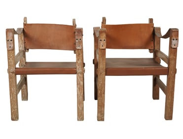 A Pair of Limed Oak and Leather Sling Chairs