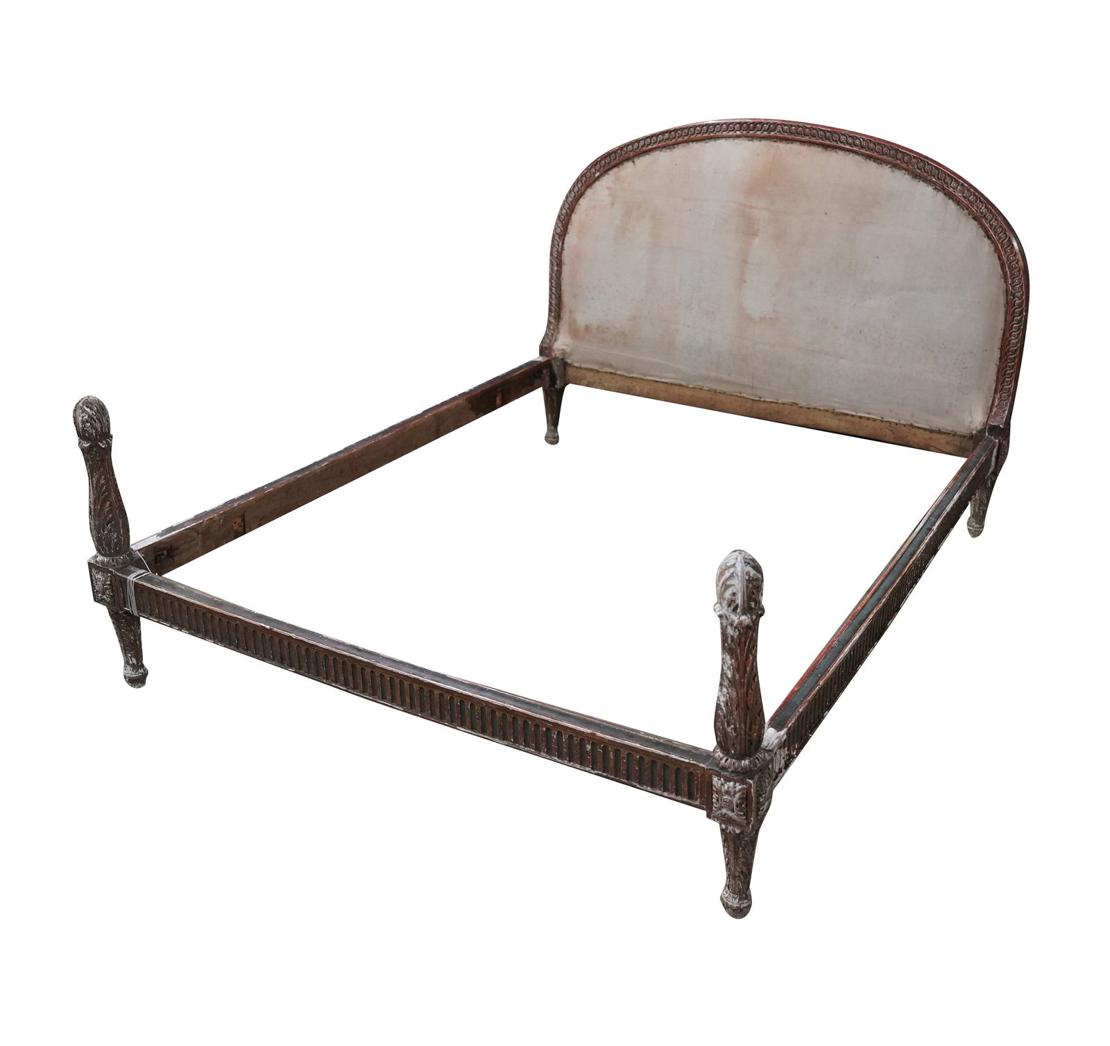 An Antique Carved Giltwood Bed Frame: for a custom-size mattress, with padded headboard Headboard: 42 x 63 in. (106.7 x 160 cm.) Each side rail: 76 in.