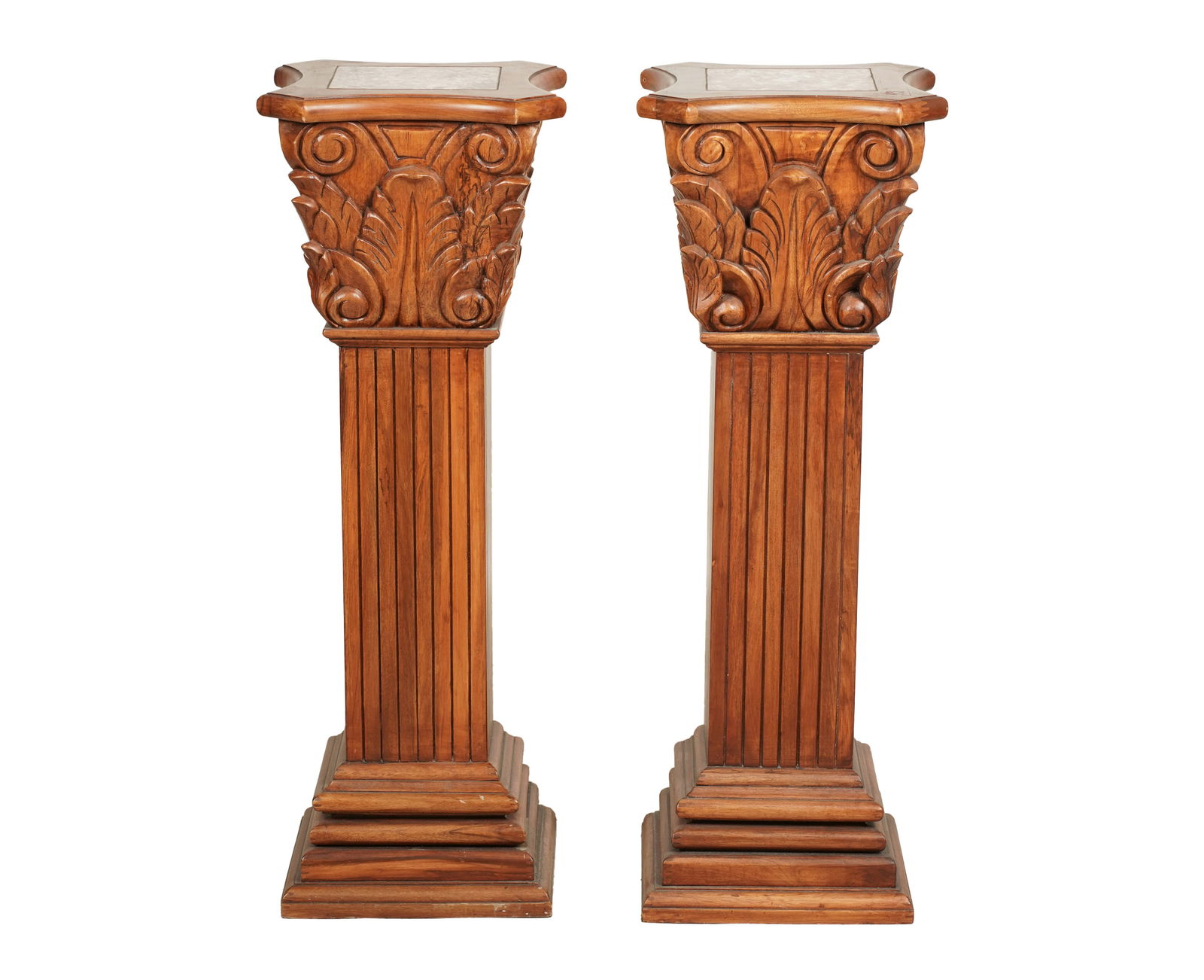 A Pair of Carved Wood Pedestals: each with marble-inset platform 36 x 13 x 13 in.