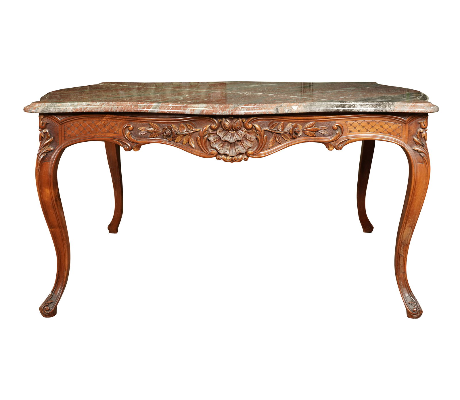 A Rococo Revival Carved Walnut Salon Table: with marble top 30 1/2 x 56 x 40 in. (77.5 x 142.2 x 101.6 cm.)