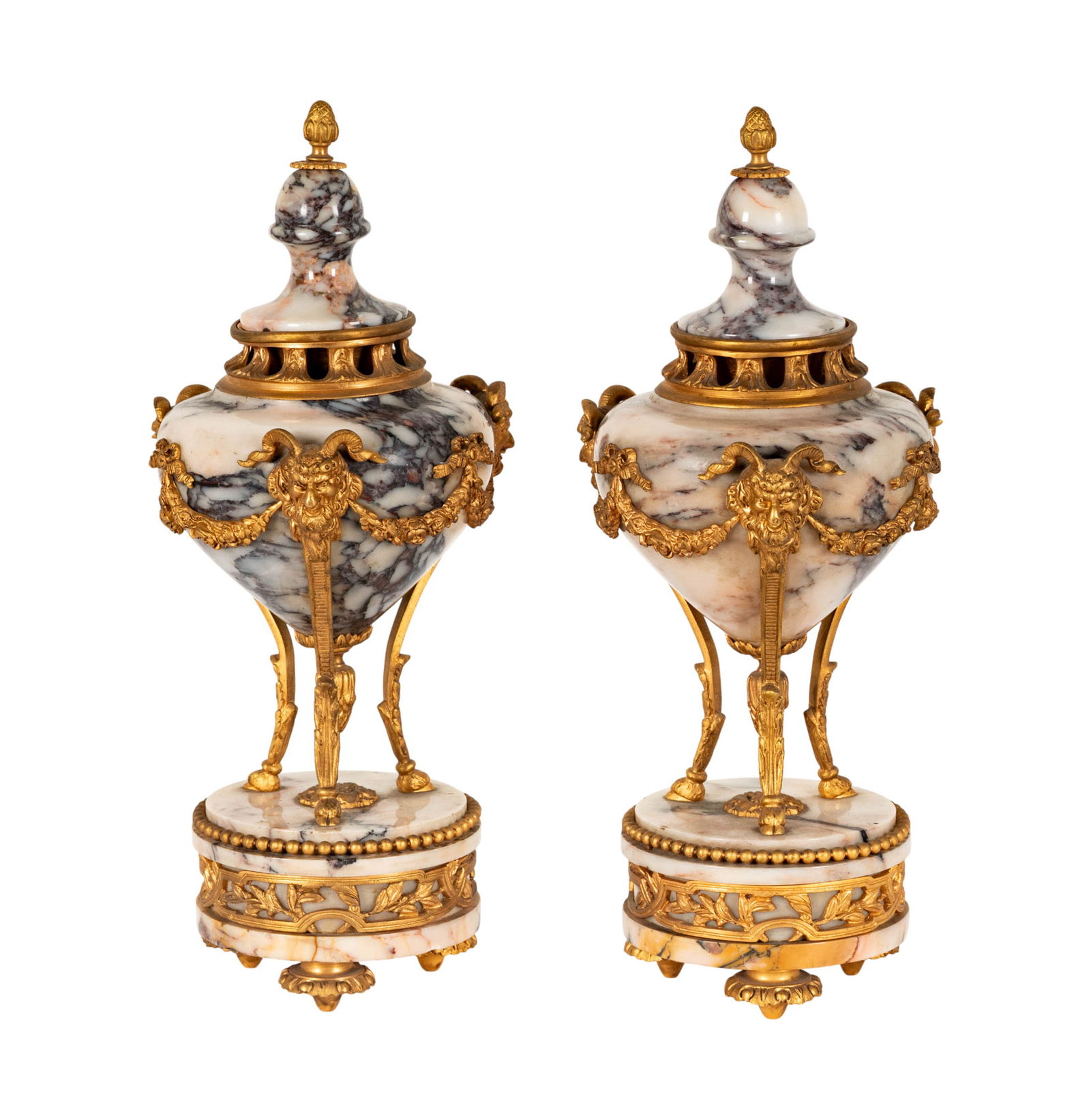 A Pair of Gilt Metal-Mounted Marble Cassolettes: each with cover and raised on three Bacchic monopodia 14 1/2 x 6 in. (36.8 x 15.2 cm.)