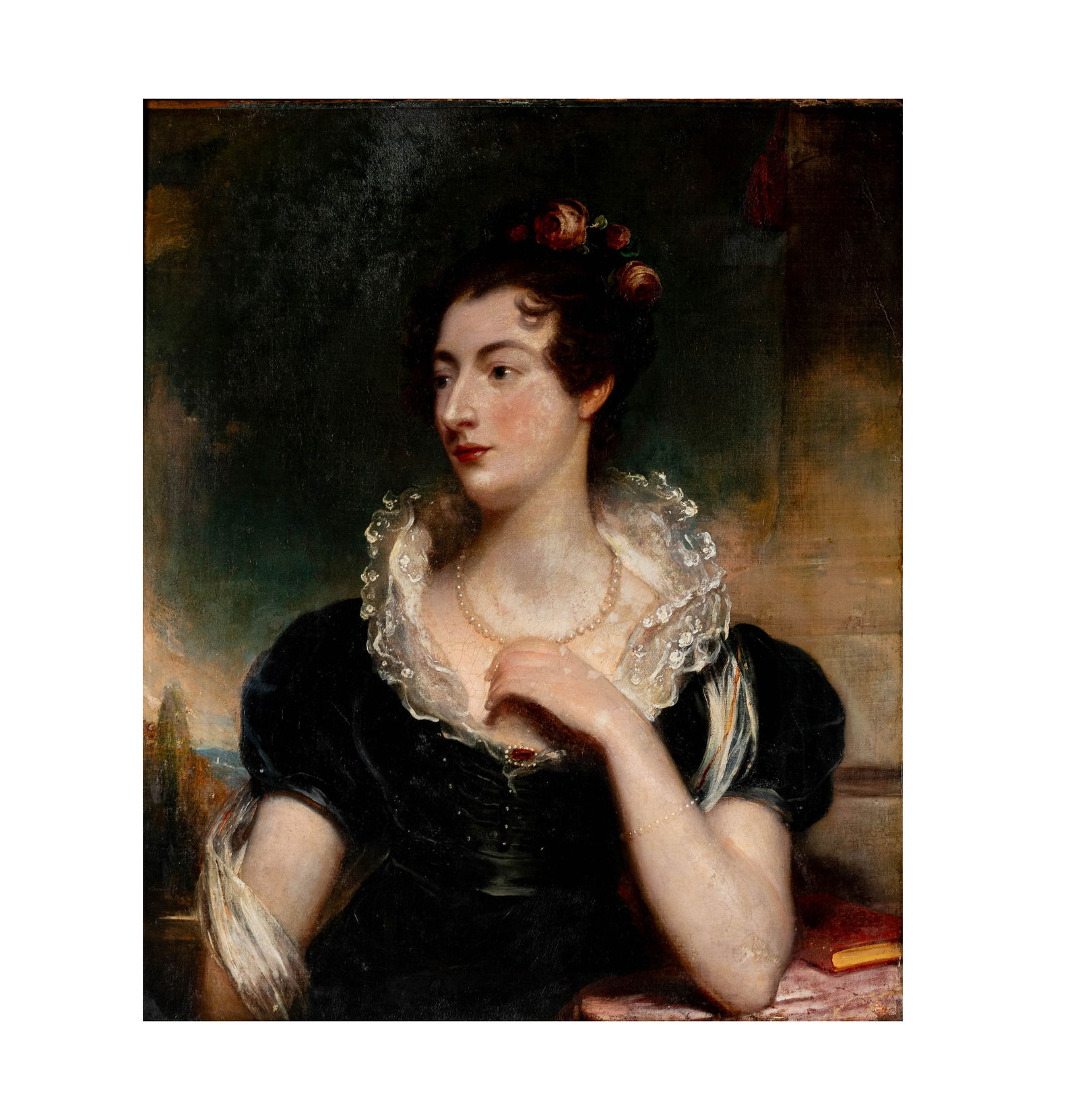 English School, 18th Century: Portrait of a Lady: oil on canvas, relined; unsigned, with metal plaque inscribed "Sir Thomas Lawrence" 30 1/2 x 25 in. (77.5 x 63.5 cm.) Frame: 36 x 32 in. (91.4 x 81.3 cm.)
