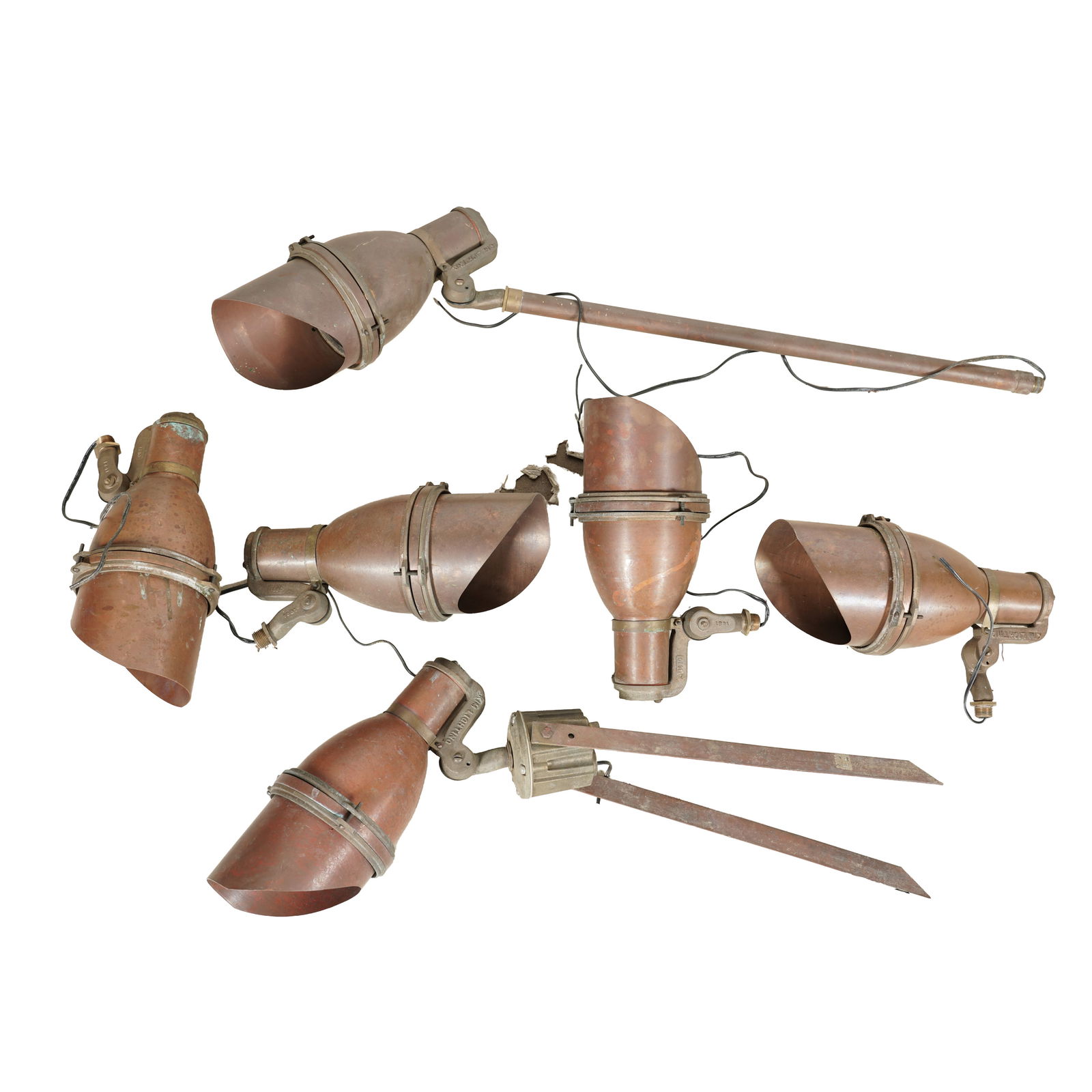 A Group of Industrial Copper Lights: marked "Kim Lighting" and "1881" [31 pieces]