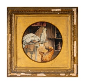 John Emms, British 1843-1912, Dog with Parrots