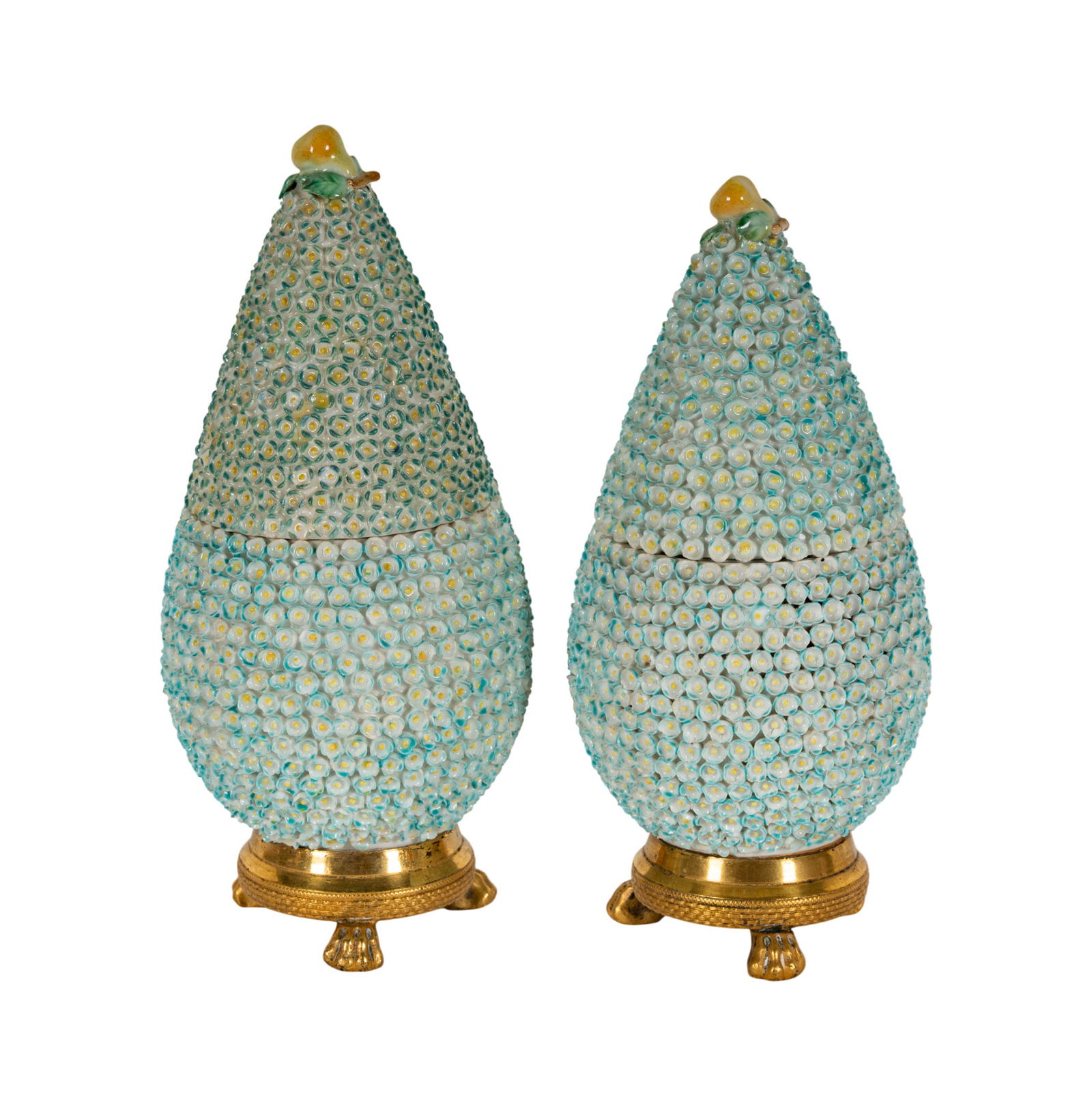 A Pair of Schneeballen Porcelain Covered Jars: each with pear finial, and mounted to gilt metal base; no visible marks Overall: 7 3/4 in. (19.7 cm.) high