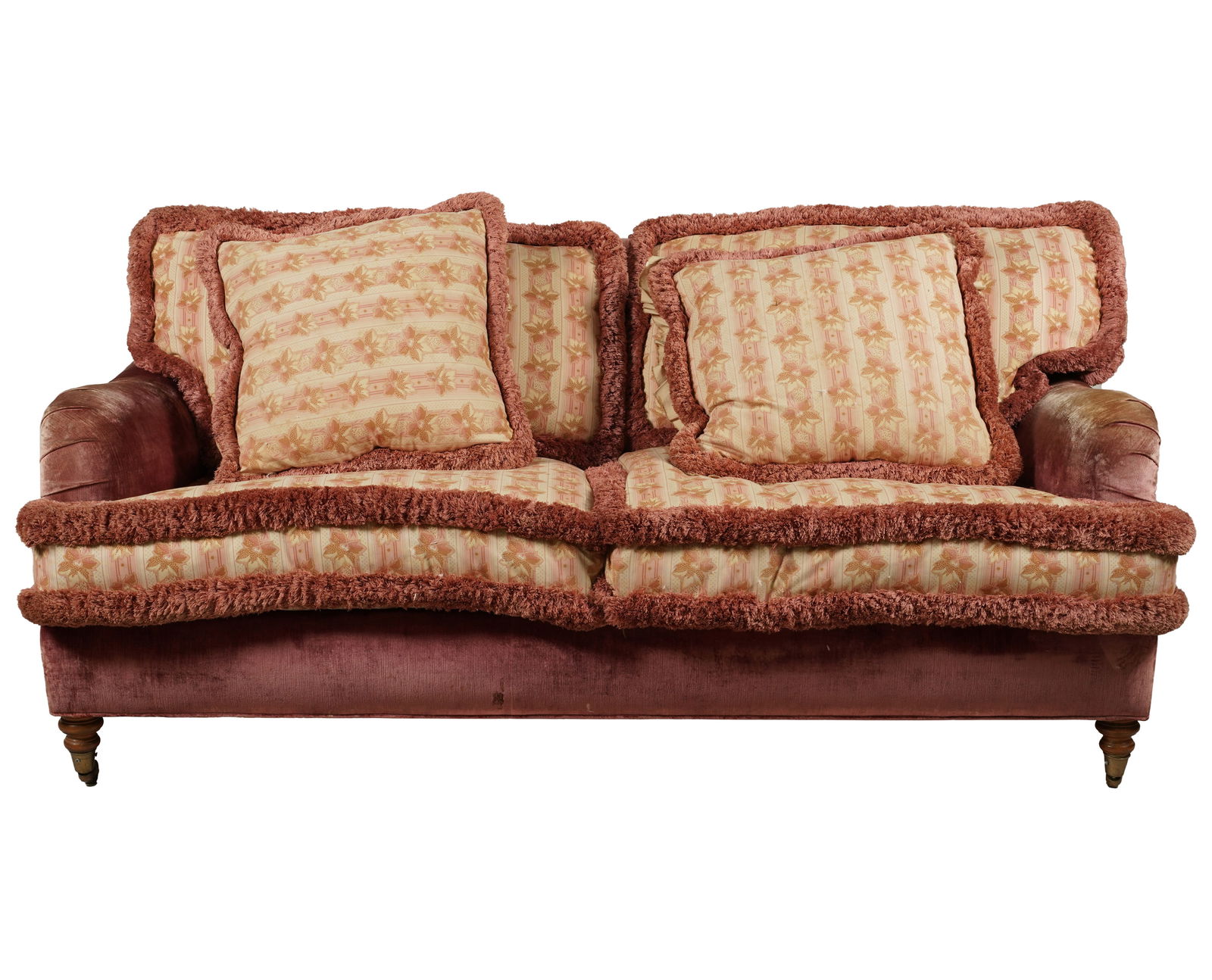 An Upholstered Sofa: covered in red and beige fabric, with loose cushions 35 x 70 x 40 in. (88.9 x 177.8 x 101.6 cm.)
