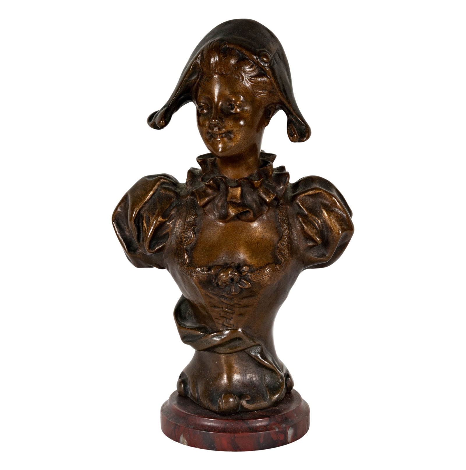 A French Patinated Bronze Bust of a Woman: signed "Henri Godet: incasting; mounted to rouge marble base Overall: 8 in. (20.3 cm.) high