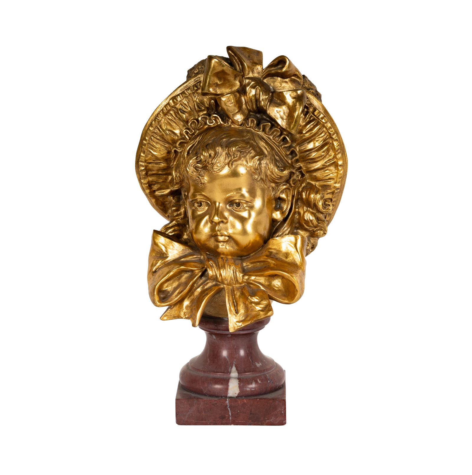 Emile Coriolan Hippolyte Guillemin, 1841 - 1907, The Young Debutante: gilt bronze, on rouge marble pedestal; signed in casting Overall: 11 1/2 x 6 x 5 in. (29.2 x 15.2 x 12.7 cm.)