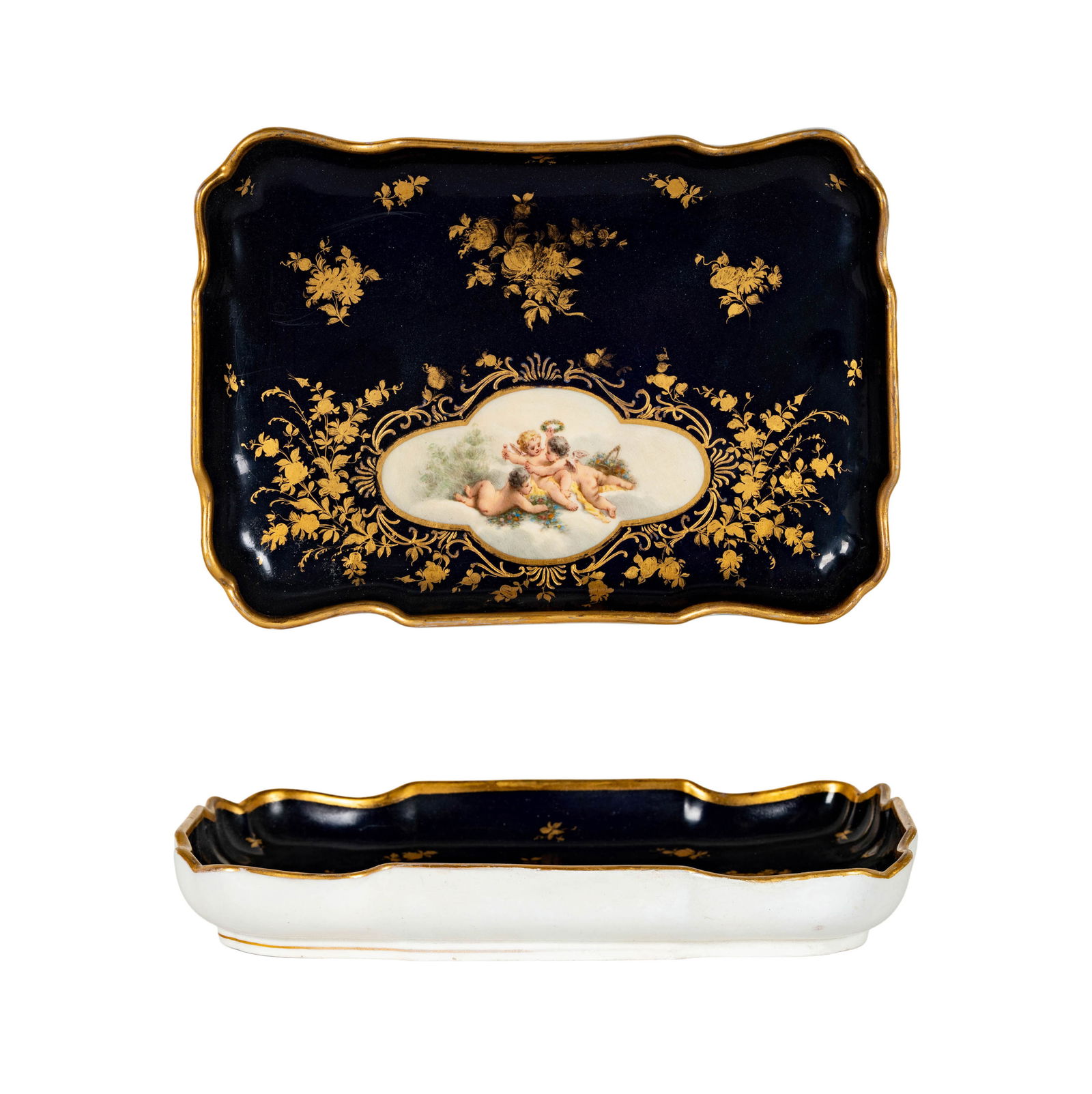 A Continental Porcelain Vanity Tray: with Meissen-style blue crossed swords mark 1 3/4 x 11 x 7 3/4 in. (4.4 x 27.9 x 19.7 cm.)
