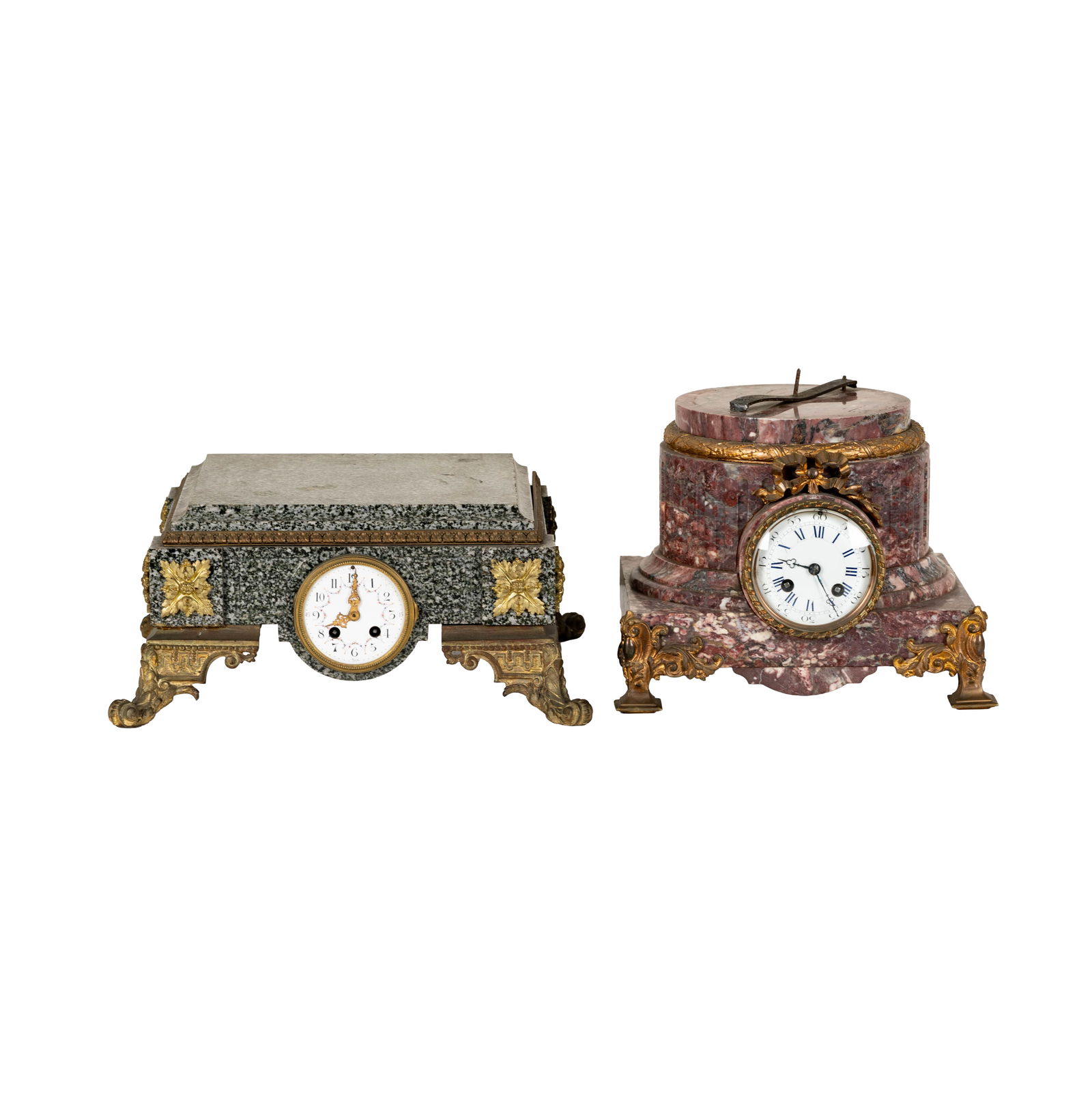 Two French Mantel Clock Pedestals: marble, gilt metal 6 1/2 x 13 1/2 in. (16.5 x 34.3 cm.) and 9 x 11 1/4 in. (22.9 x 28.6 cm.)
