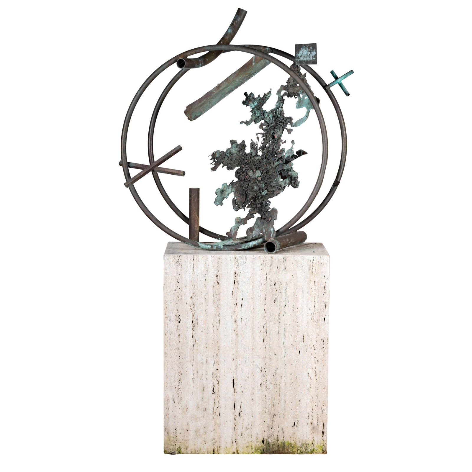 Michael Cullen Todd, B. 1935, Tutantra II: patinated steel, on travertine plinth unsigned 44 3/4 x 41 in. (113.7 x 104.1 cm.) Plinth: 37 x 30 x 19 in. (94 x 76.2 x 48.3 cm.) Provenance: The Beverly Hills estate of a distinguished collector.Exh